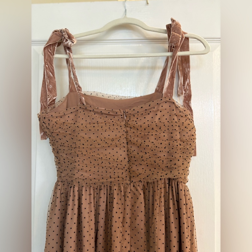 Entro Camel Polka Dotted Mesh Overlay Shoulder Tie Maxi Dress Medium Fairycore - Picture 11 of 16